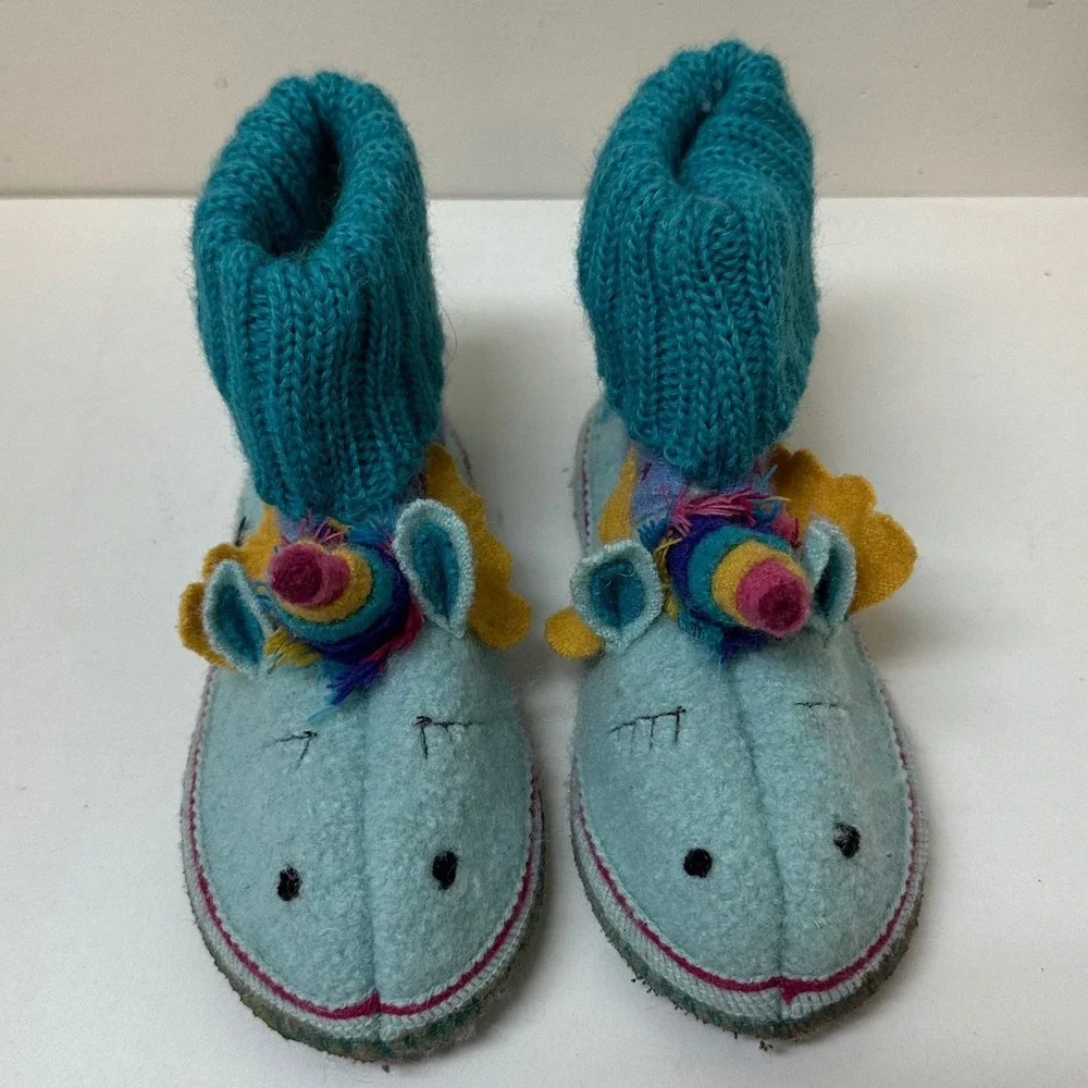 Garnet Hill Kids Wool Unicorn Slipper Booties Blue Teal Size 1 Pure New Wool